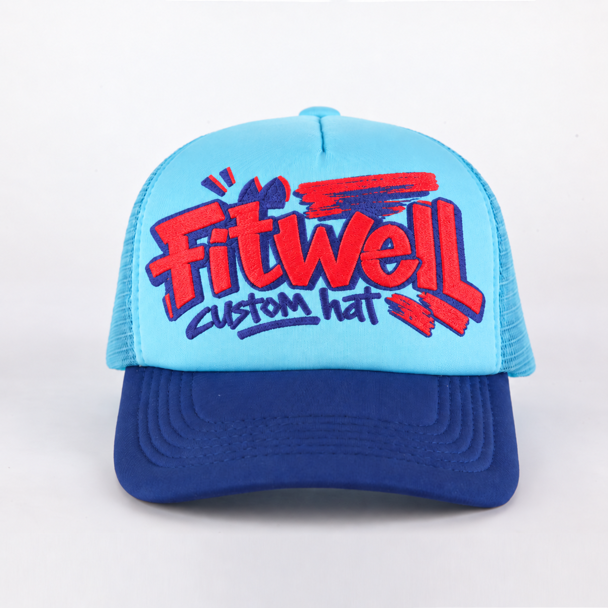 Blue Mesh Back Trucker Hat with Colorful 3D Puff Print Graphic Logo Streetwear Cap