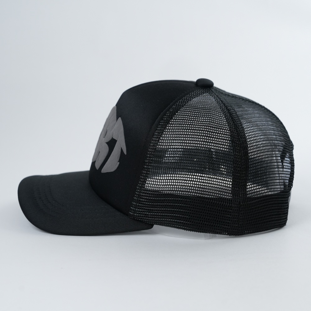 Black Foam-Mesh Trucker Cap with Tonal Raised Graffiti Logo