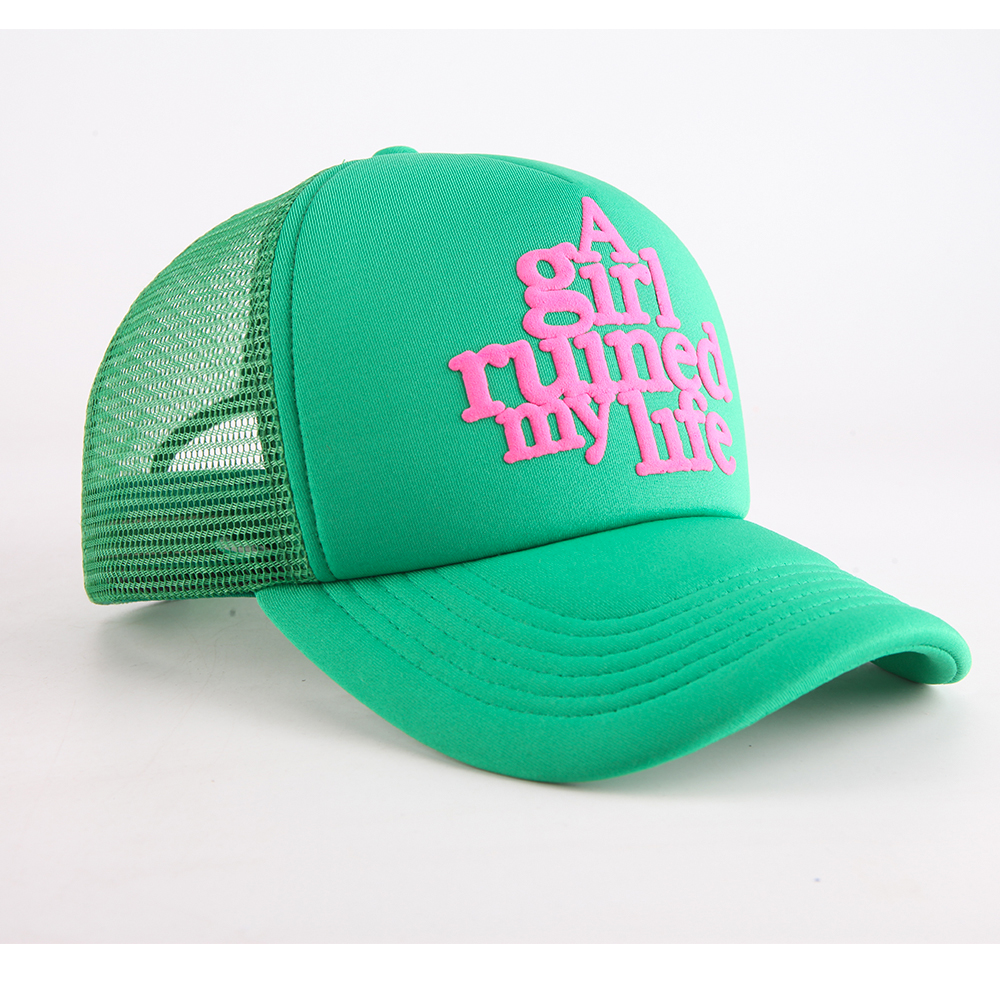 Mint Green 5-Panel Trucker Cap with Raised Pink Slogan Puff Print, Mesh Side Panels and Curved Brim