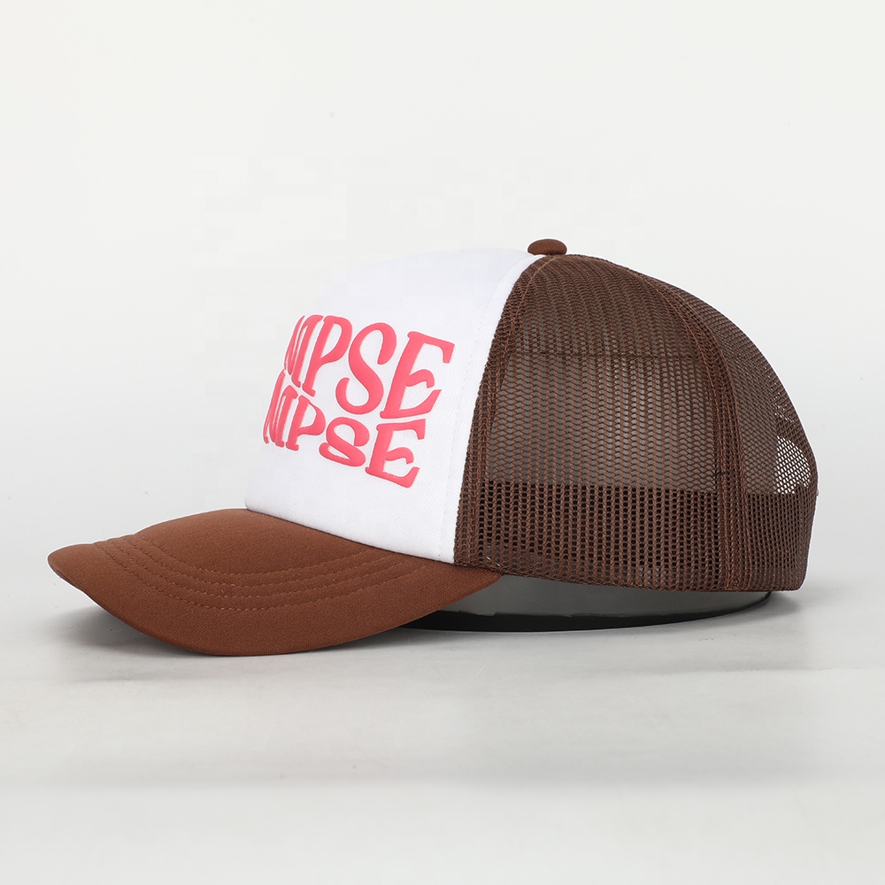 Vintage Brown Mesh Back Trucker Cap with Pink 3D Embroidered Logo and Adjustable Snap Closure