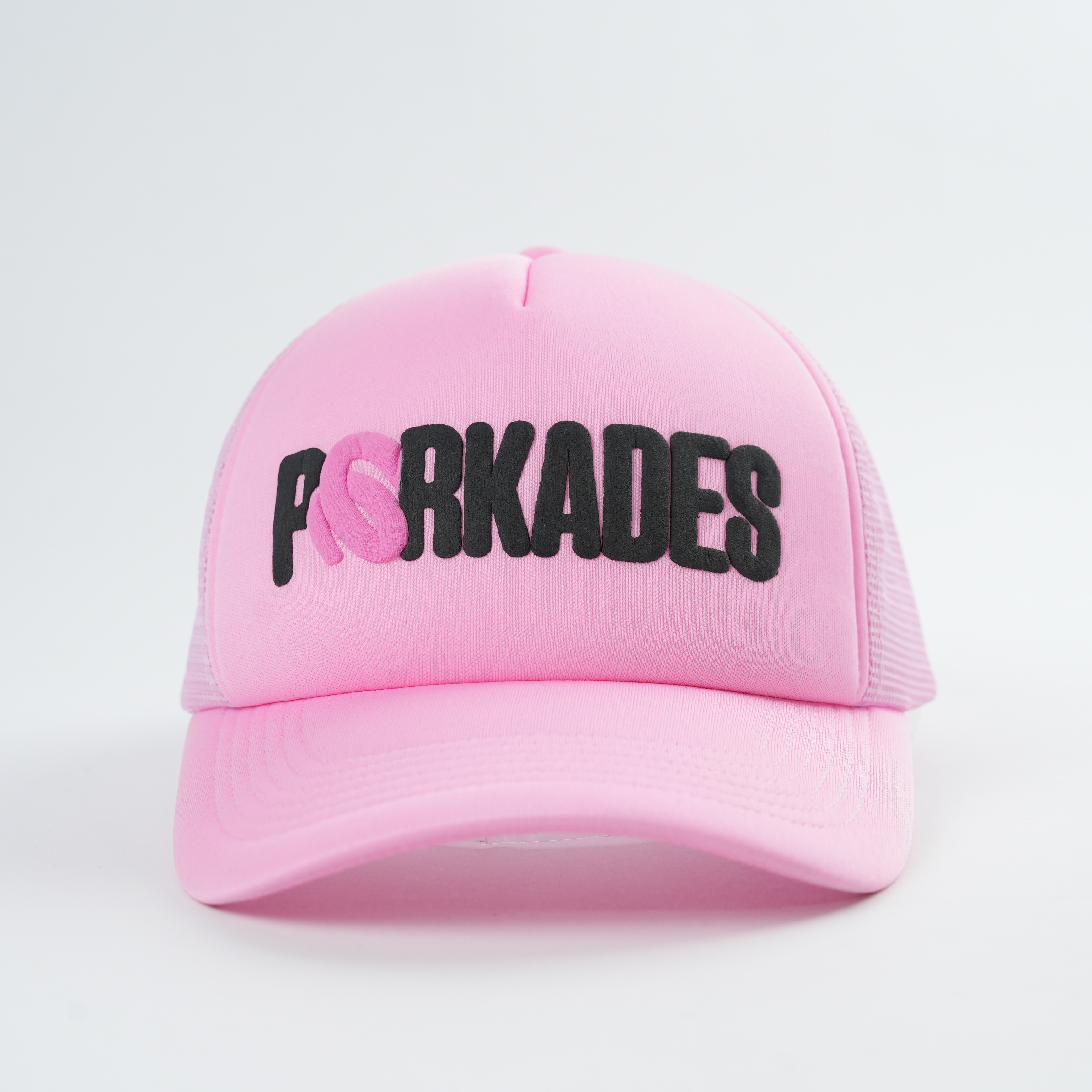 Pink Five Panel Mesh Trucker Cap with Black 3D Puff Lettering