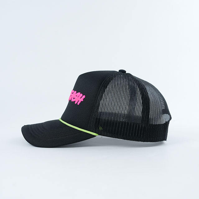Black Mesh Rope Trucker Cap with Hot Pink Raised Letter Logo