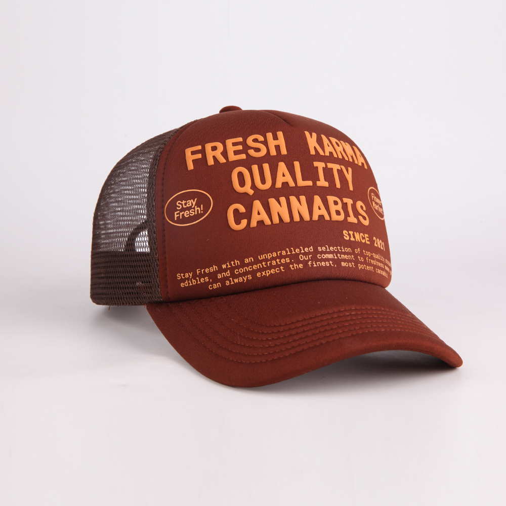 Raised Graphic Mesh Back Trucker Cap with Curved Brim