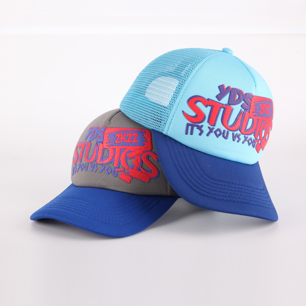 Blue Mesh Back Trucker Hat with Colorful 3D Puff Print Graphic Logo Streetwear Cap