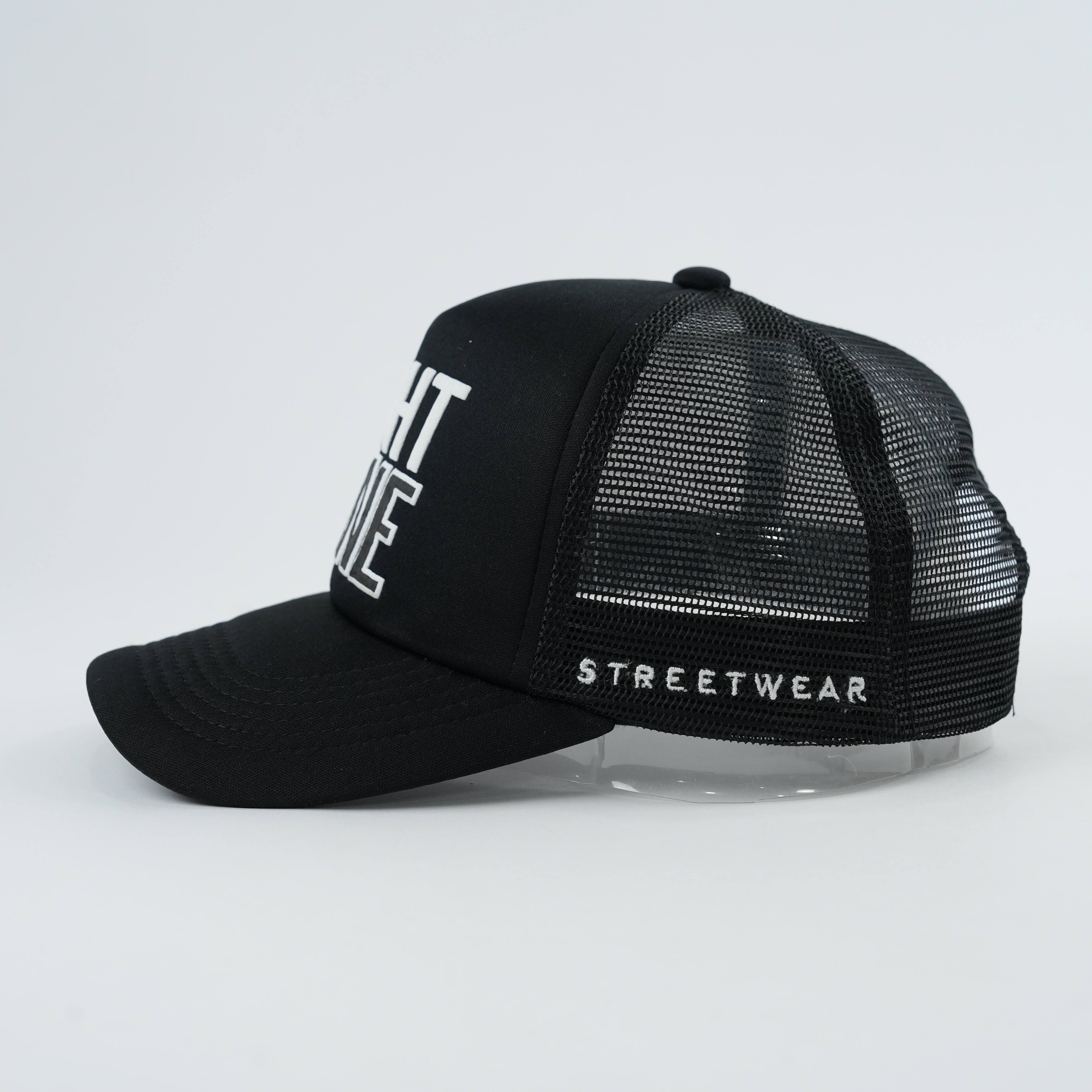 Black RIGHT LANE Raised Letter Mesh Trucker Cap
