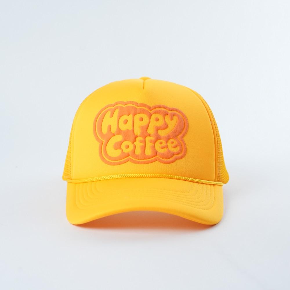Yellow Happy Coffee Foam Mesh Trucker Cap with Raised Front Logo