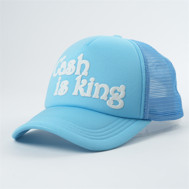 Sky Blue Cash Is King Foam Mesh Trucker Cap with Raised White Lettering