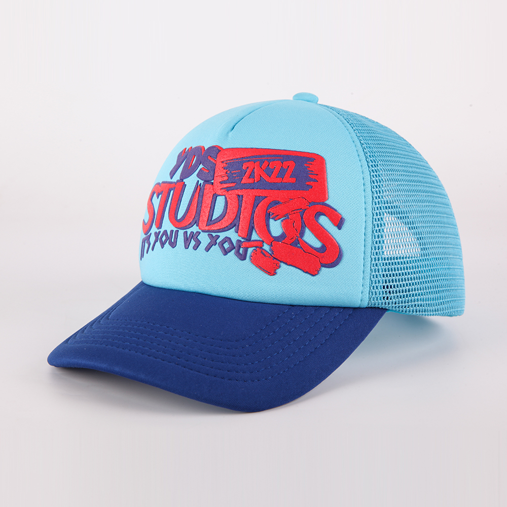 Blue Mesh Back Trucker Hat with Colorful 3D Puff Print Graphic Logo Streetwear Cap