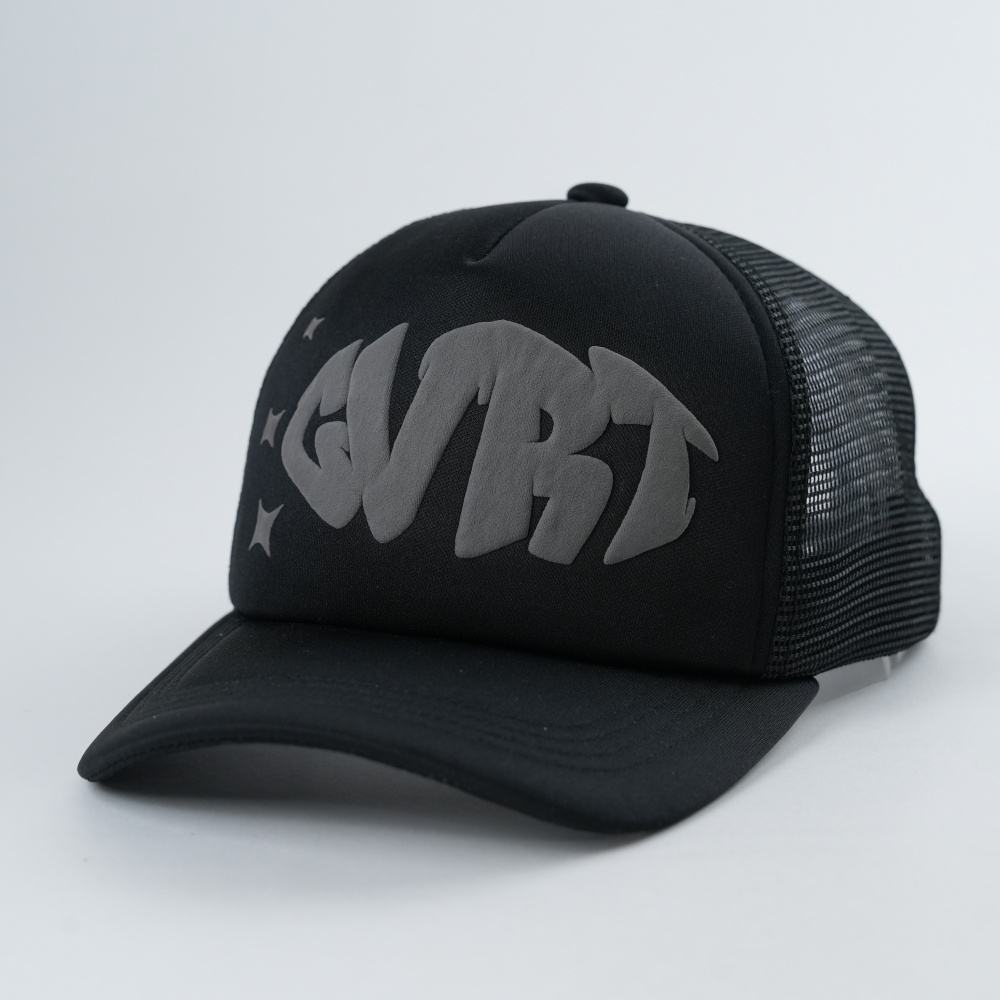 Black Foam-Mesh Trucker Cap with Tonal Raised Graffiti Logo
