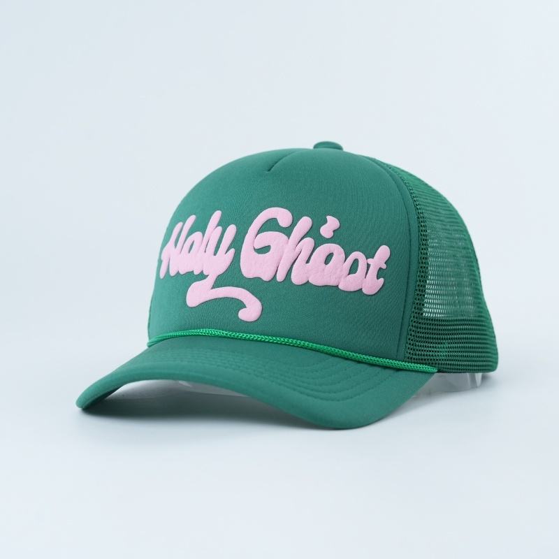 Green Holy Ghost 5 Panel Mesh Trucker Cap with Pink 3D Puff Lettering and Rope Detail