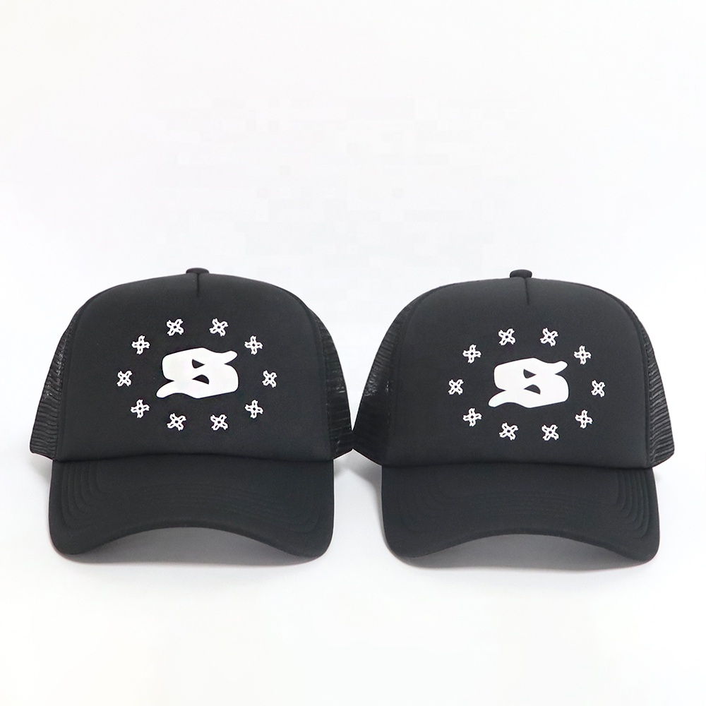 Black Mesh-Back Trucker Cap with White Raised Monogram Graphic