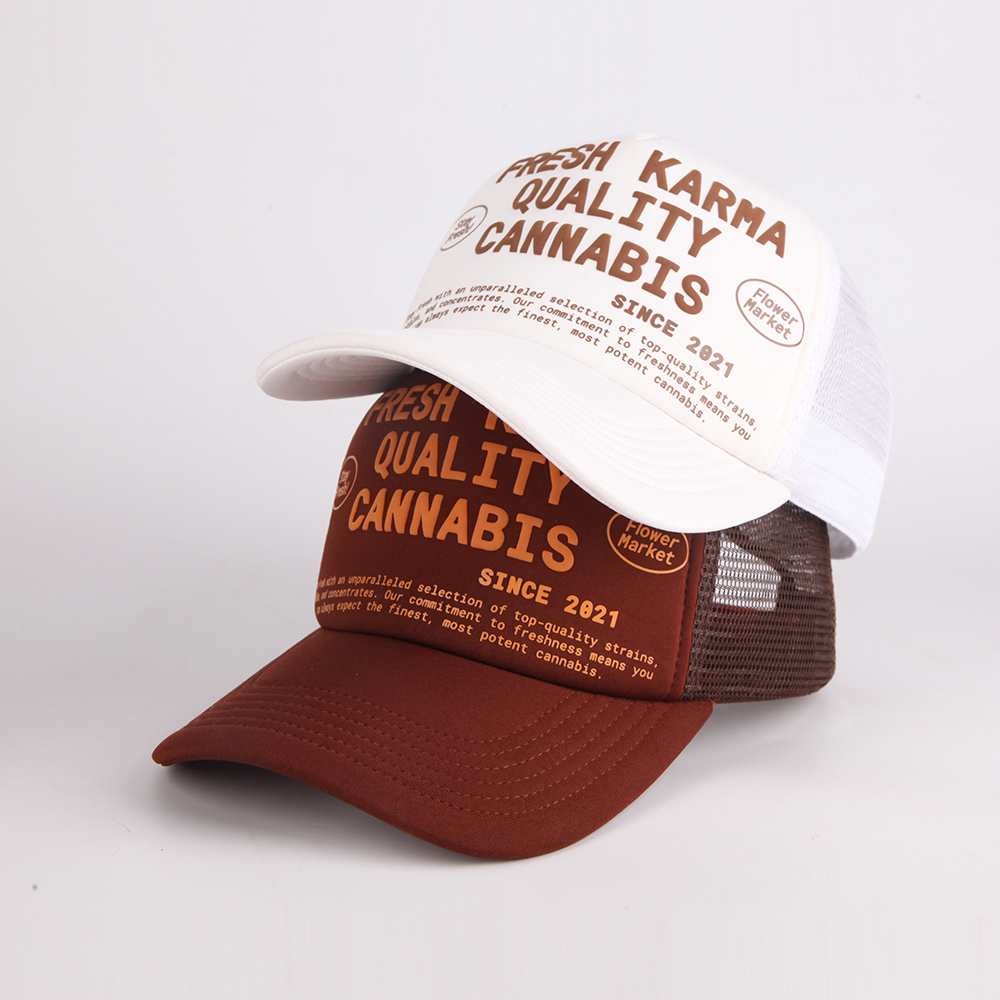 Raised Graphic Mesh Back Trucker Cap with Curved Brim