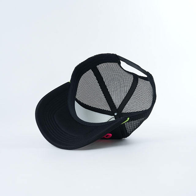 Black Mesh Rope Trucker Cap with Hot Pink Raised Letter Logo