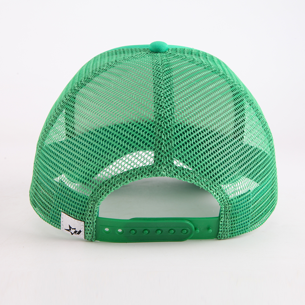 Mint Green 5-Panel Trucker Cap with Raised Pink Slogan Puff Print, Mesh Side Panels and Curved Brim