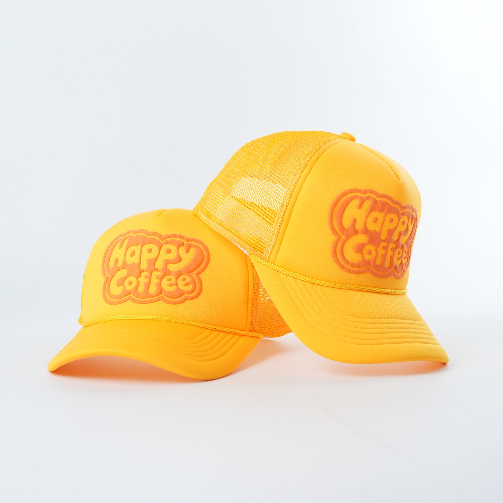 Yellow Happy Coffee Foam Mesh Trucker Cap with Raised Front Logo