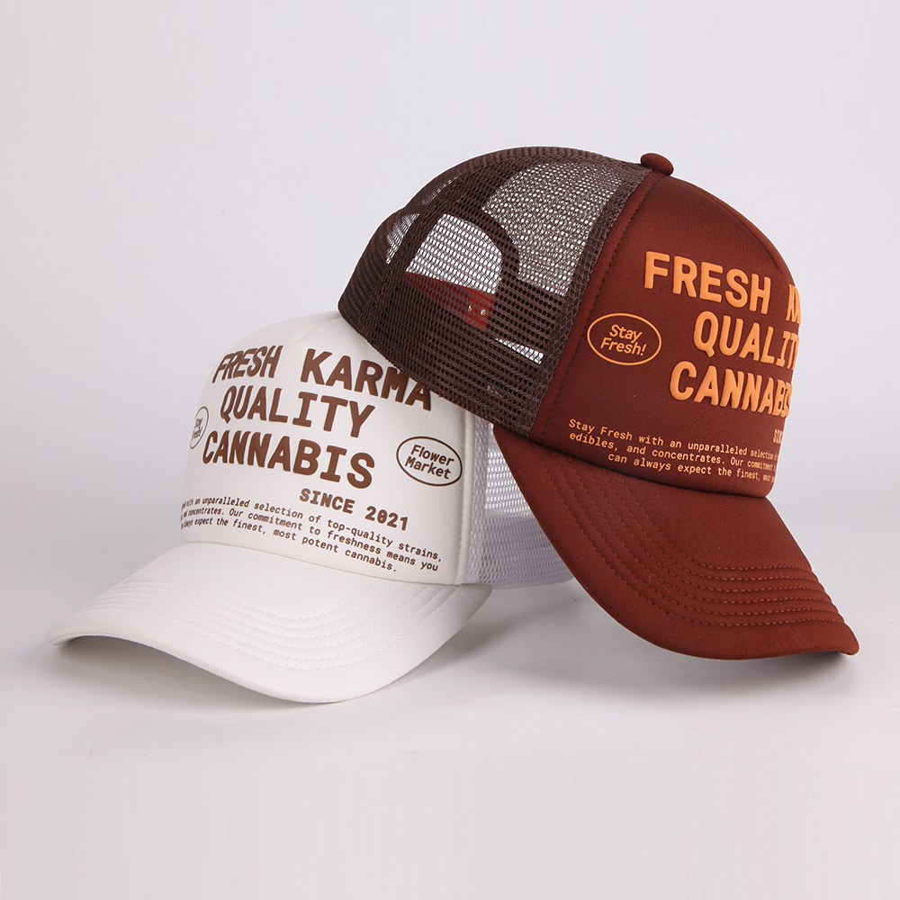 Raised Graphic Mesh Back Trucker Cap with Curved Brim