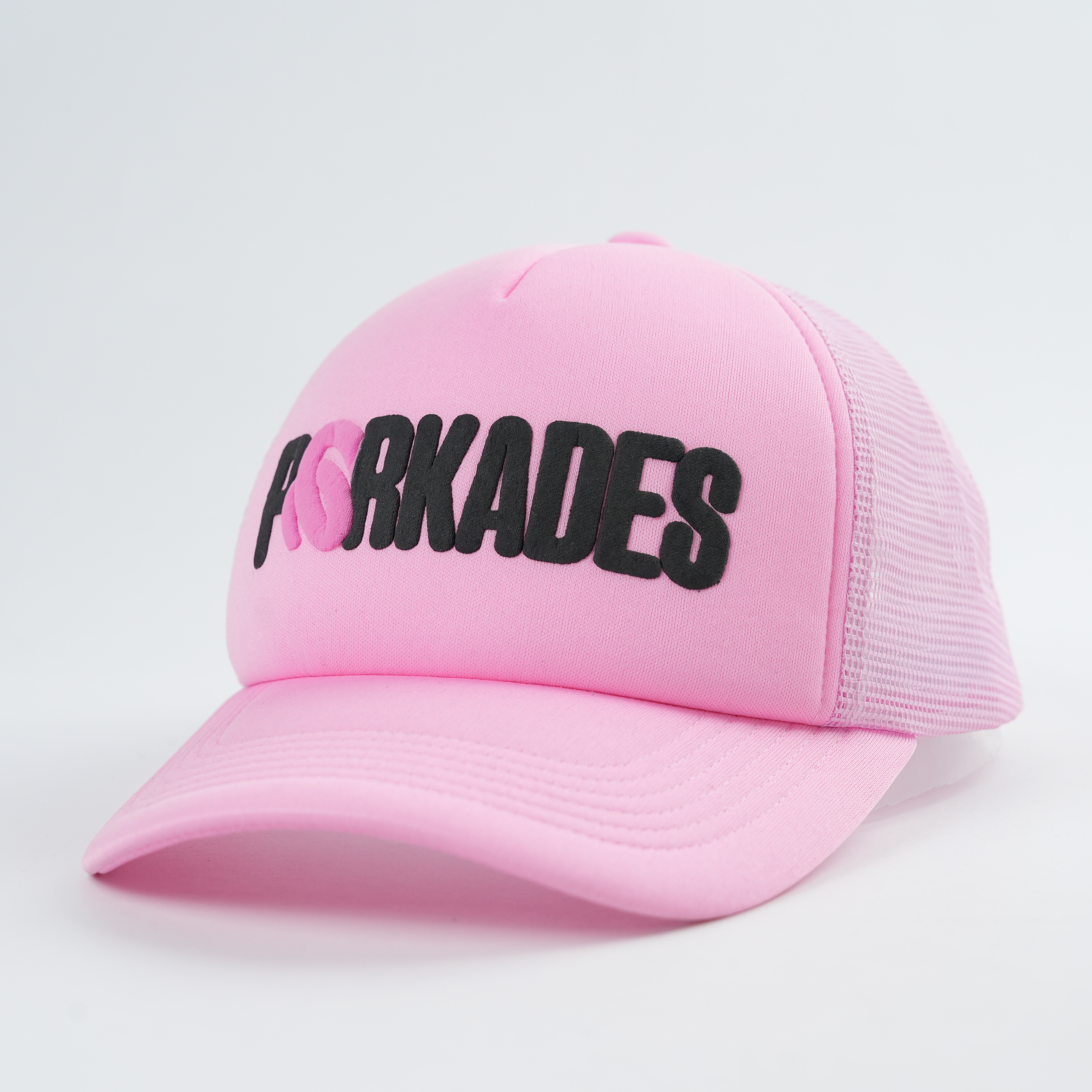 Pink Five Panel Mesh Trucker Cap with Black 3D Puff Lettering