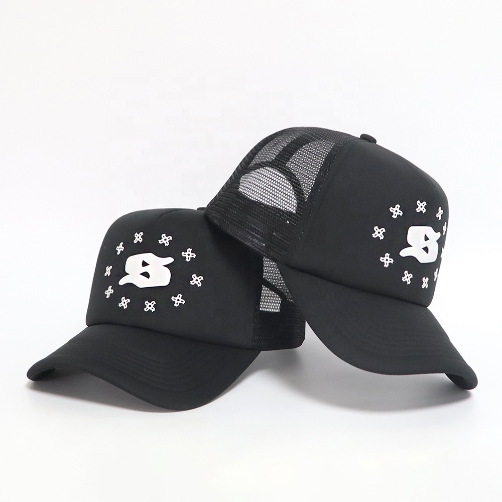 Black Mesh-Back Trucker Cap with White Raised Monogram Graphic