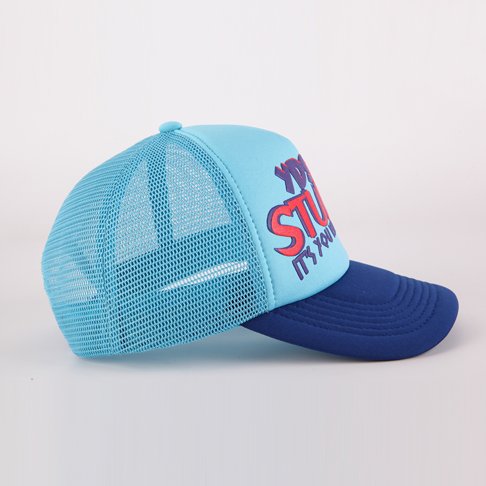 Blue Mesh Back Trucker Hat with Colorful 3D Puff Print Graphic Logo Streetwear Cap