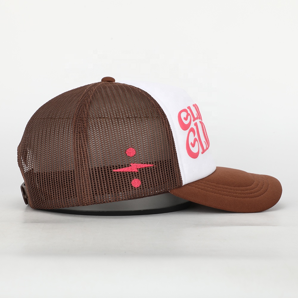 Vintage Brown Mesh Back Trucker Cap with Pink 3D Embroidered Logo and Adjustable Snap Closure