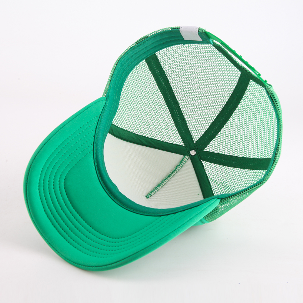 Mint Green 5-Panel Trucker Cap with Raised Pink Slogan Puff Print, Mesh Side Panels and Curved Brim