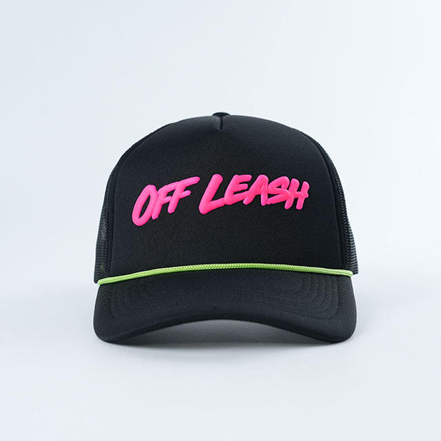 Black Mesh Rope Trucker Cap with Hot Pink Raised Letter Logo