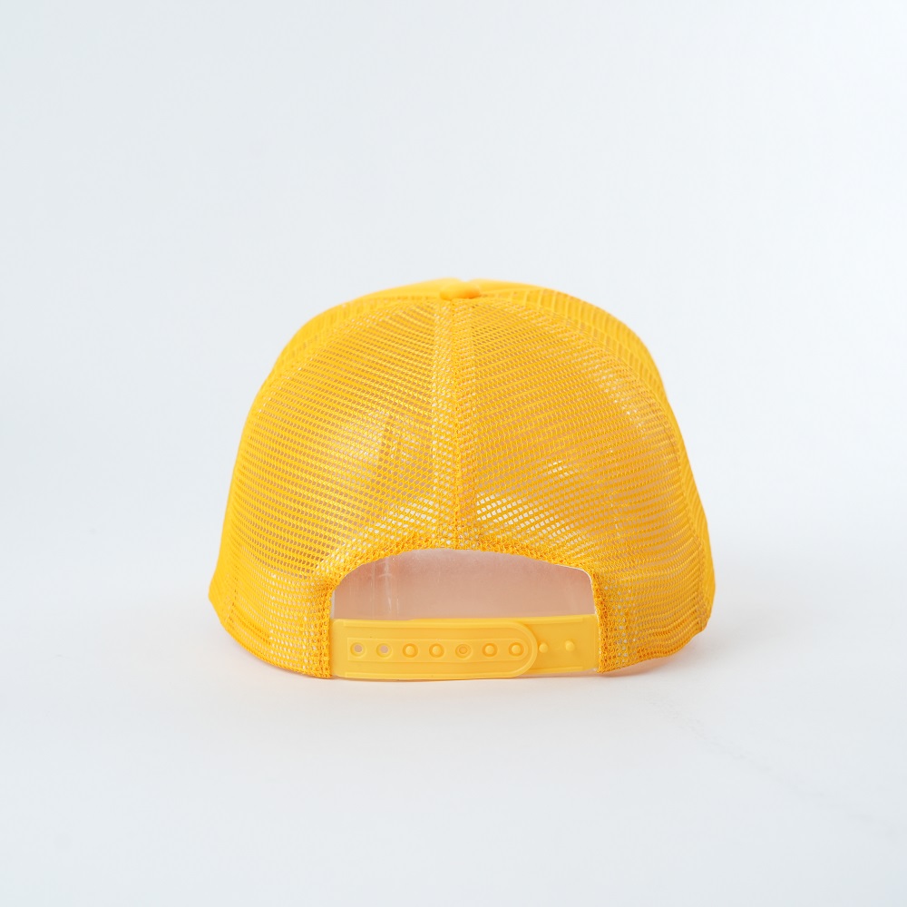 Yellow Happy Coffee Foam Mesh Trucker Cap with Raised Front Logo