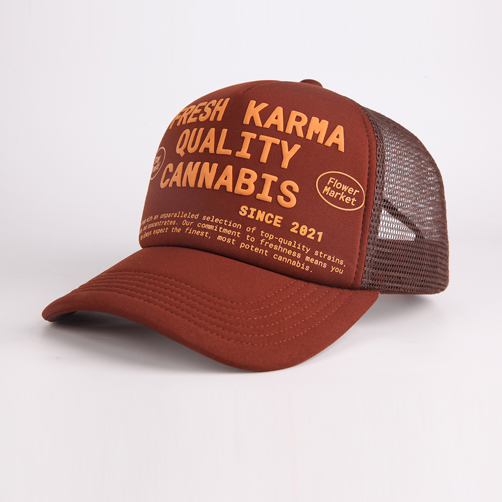 Raised Graphic Mesh Back Trucker Cap with Curved Brim