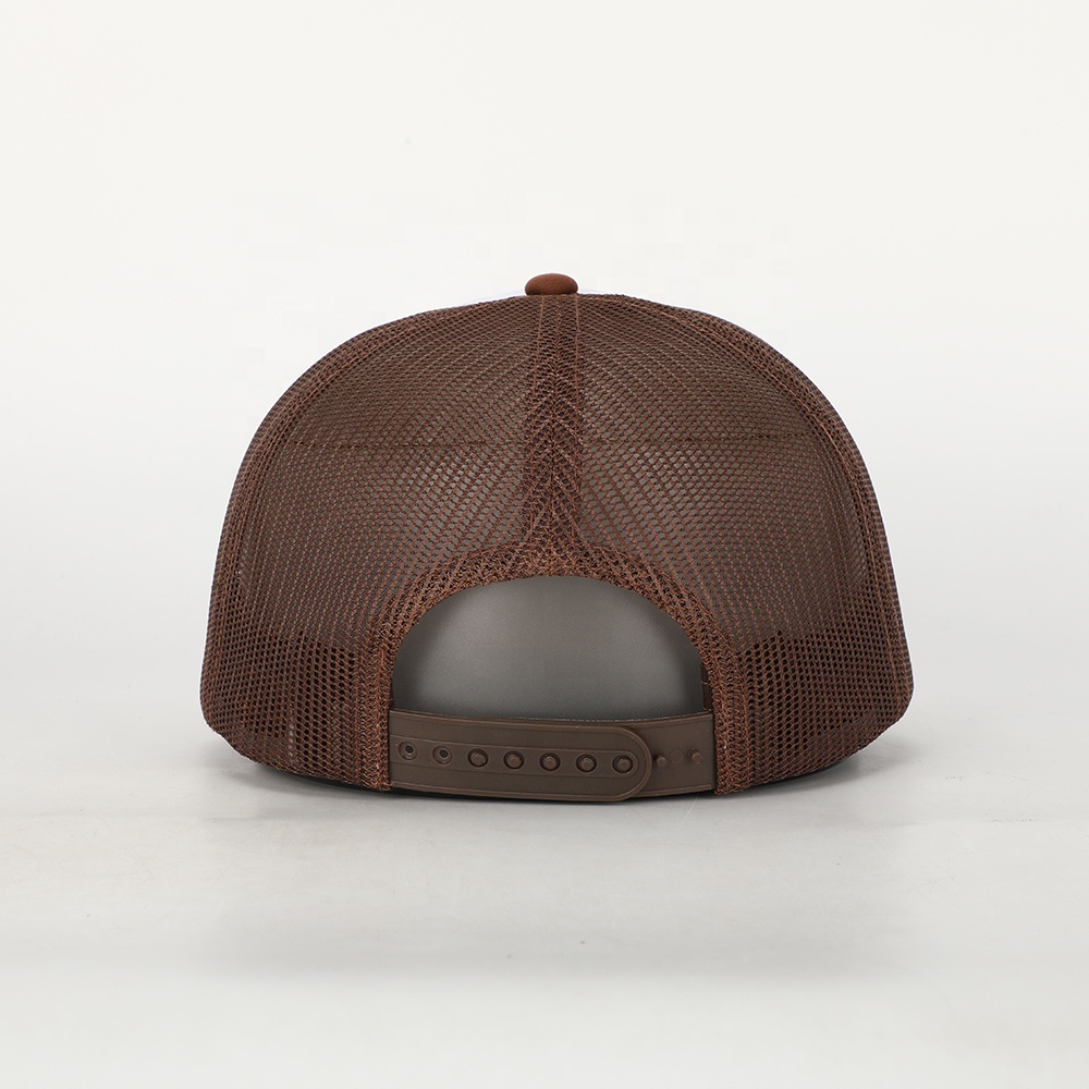 Vintage Brown Mesh Back Trucker Cap with Pink 3D Embroidered Logo and Adjustable Snap Closure