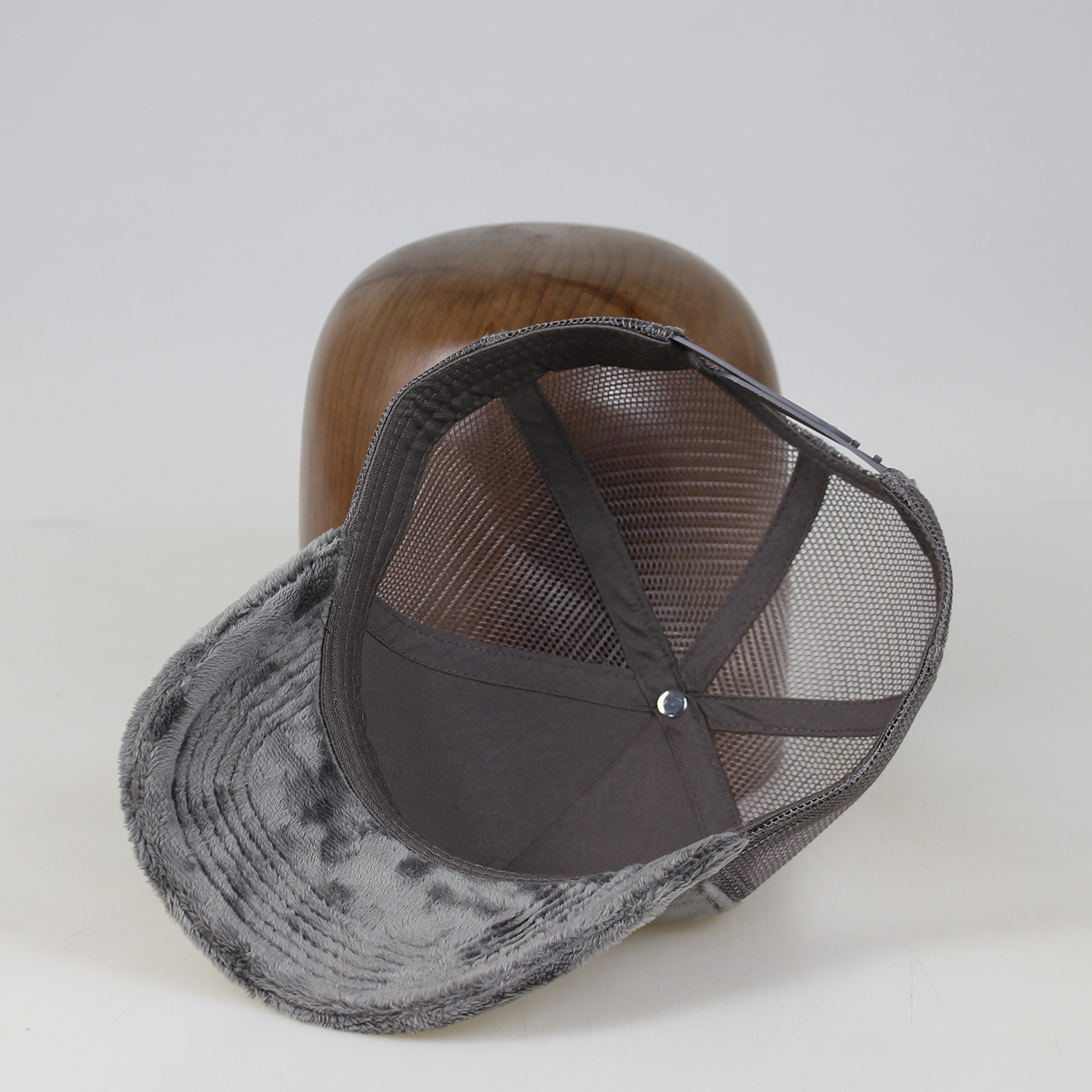 Gray Plush Velvet 5-Panel Mesh Trucker Cap with Tonal Embroidered Front Logo & Curved Brim