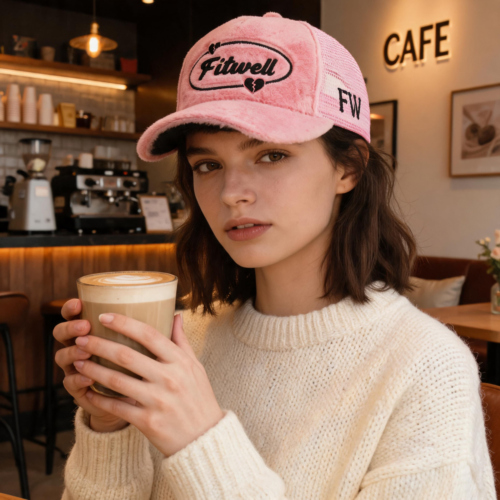 Pink Plush Velvet Five-Panel Mesh Trucker Cap with Curved Brim and Embroidered Heart Graphic