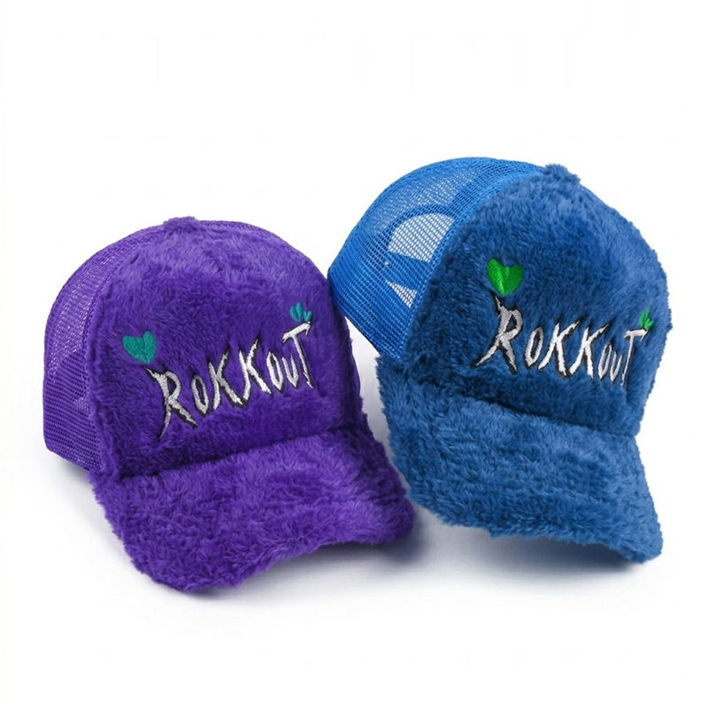 Colorful Plush Velvet Trucker Hat with Embroidered Script Logo, 5 Panel Mesh Back Baseball Cap