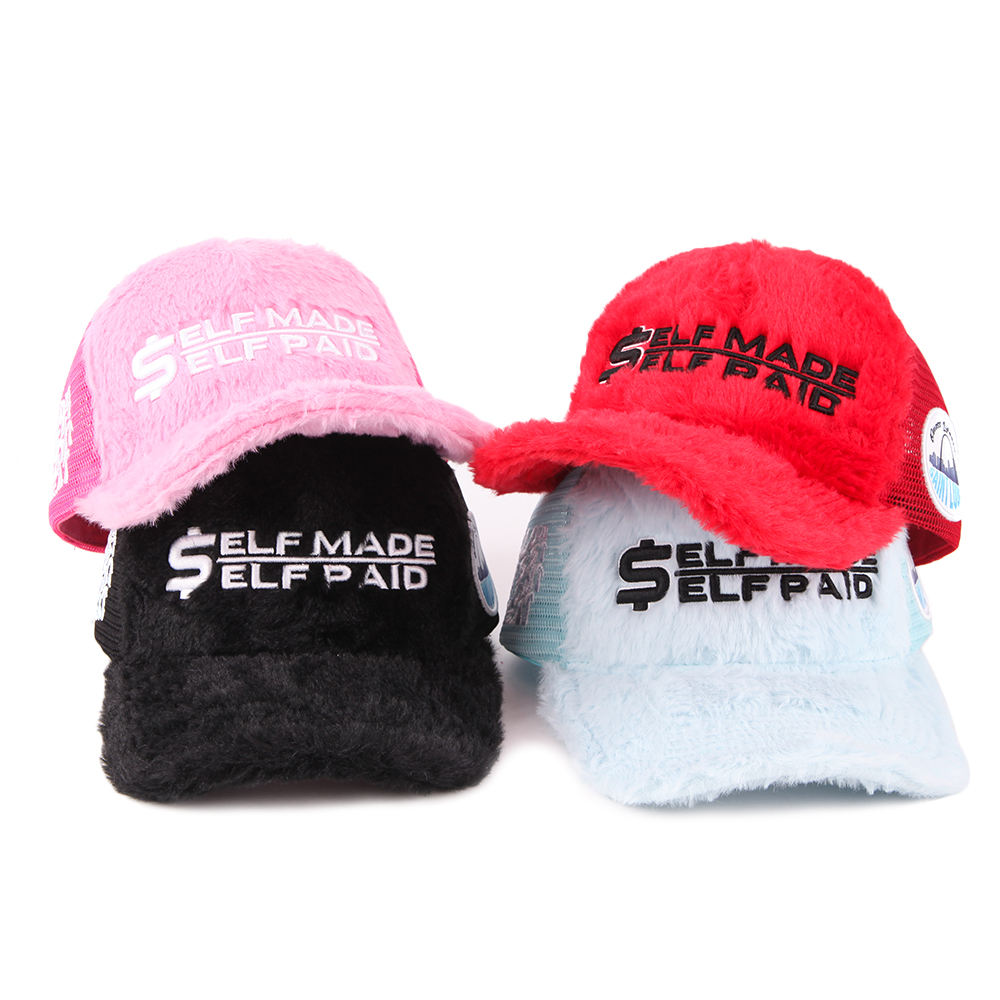 Self Made Self Paid Plush Velvet Mesh Trucker Cap with Embroidered Front Logo and Side Patch – Pink Red Black Blue