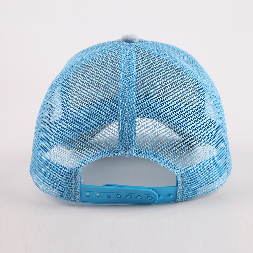 Light Blue Velvet Trucker Hat with Embroidered Script Logo, 5 Panel Mesh Back Baseball Cap