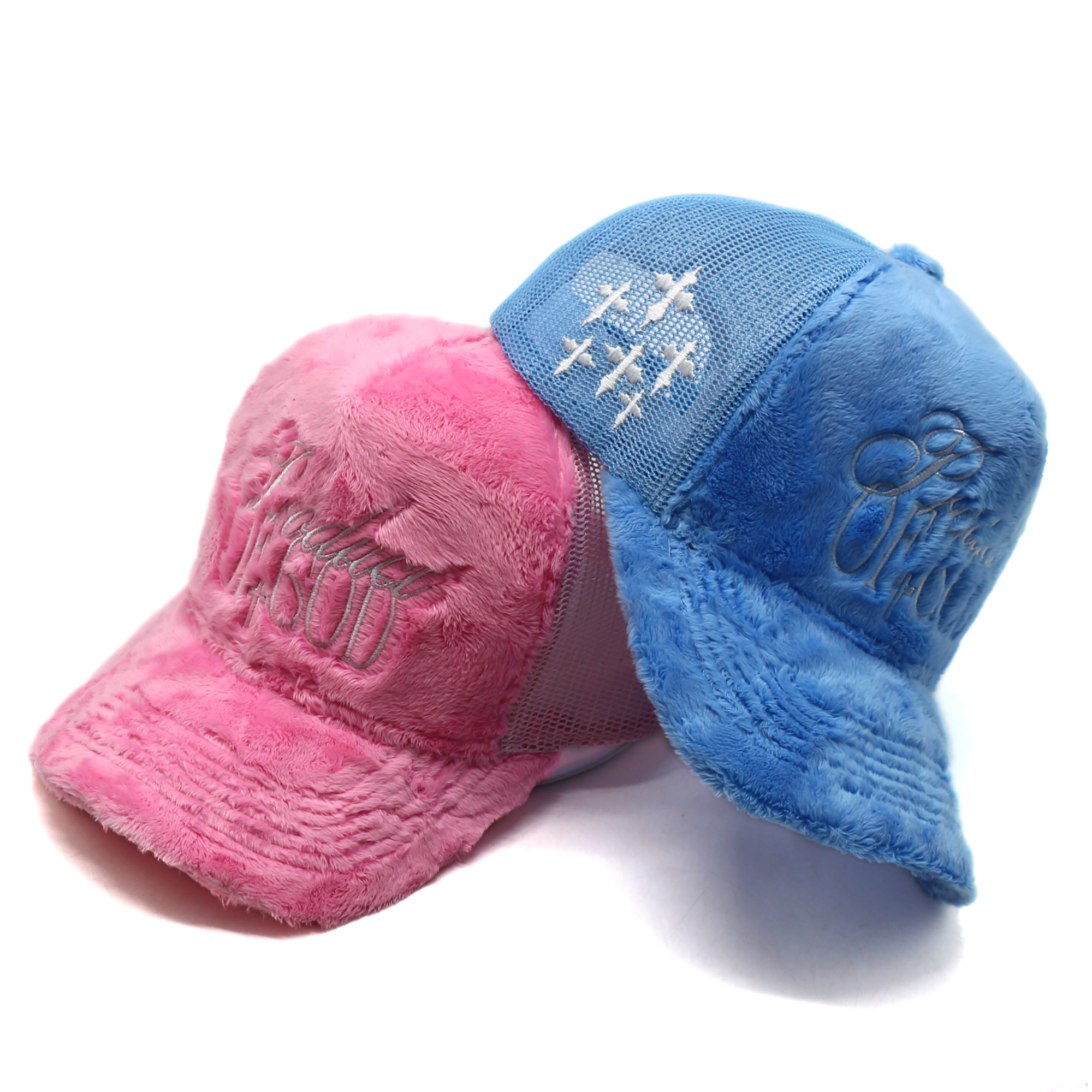 Pink & Blue Plush Velvet Mesh Trucker Caps with Curved Brim, Breathable Back & Embroidered Graphics