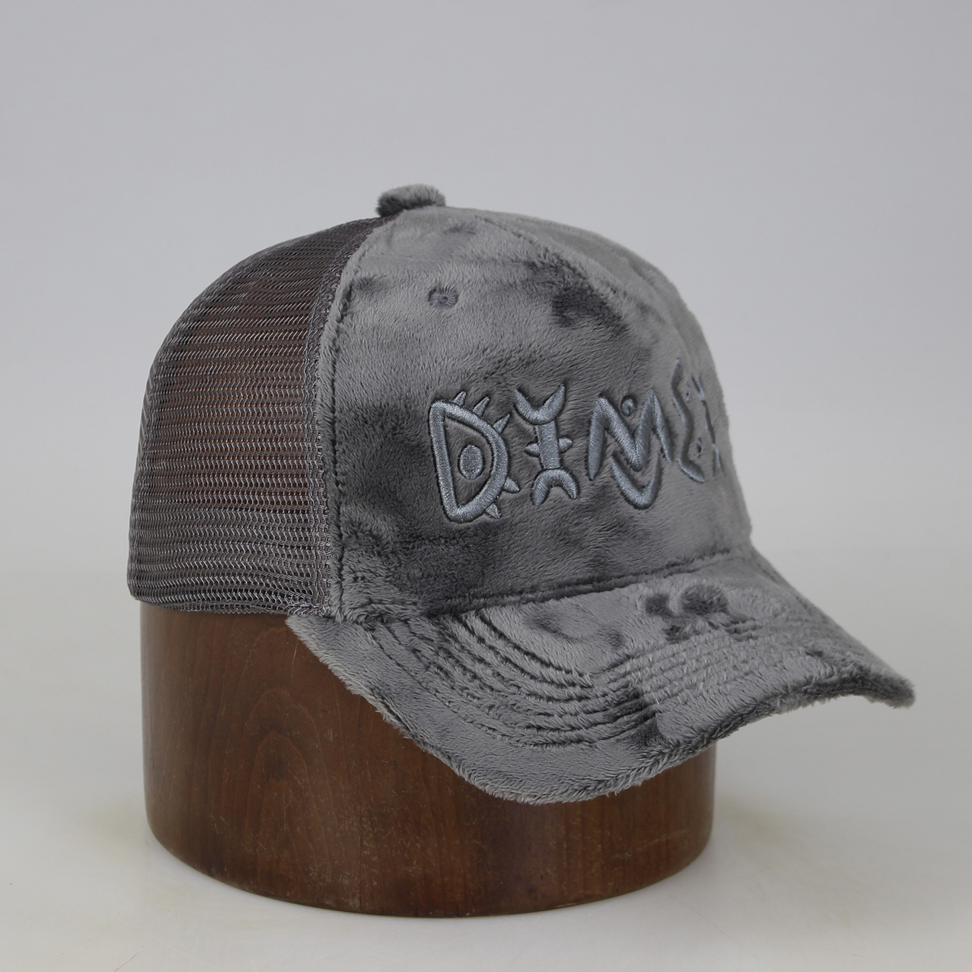 Gray Plush Velvet 5-Panel Mesh Trucker Cap with Tonal Embroidered Front Logo & Curved Brim