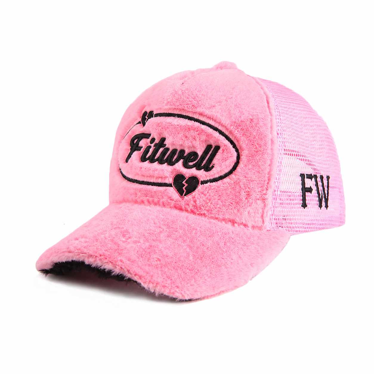 Pink Plush Velvet Five-Panel Mesh Trucker Cap with Curved Brim and Embroidered Heart Graphic