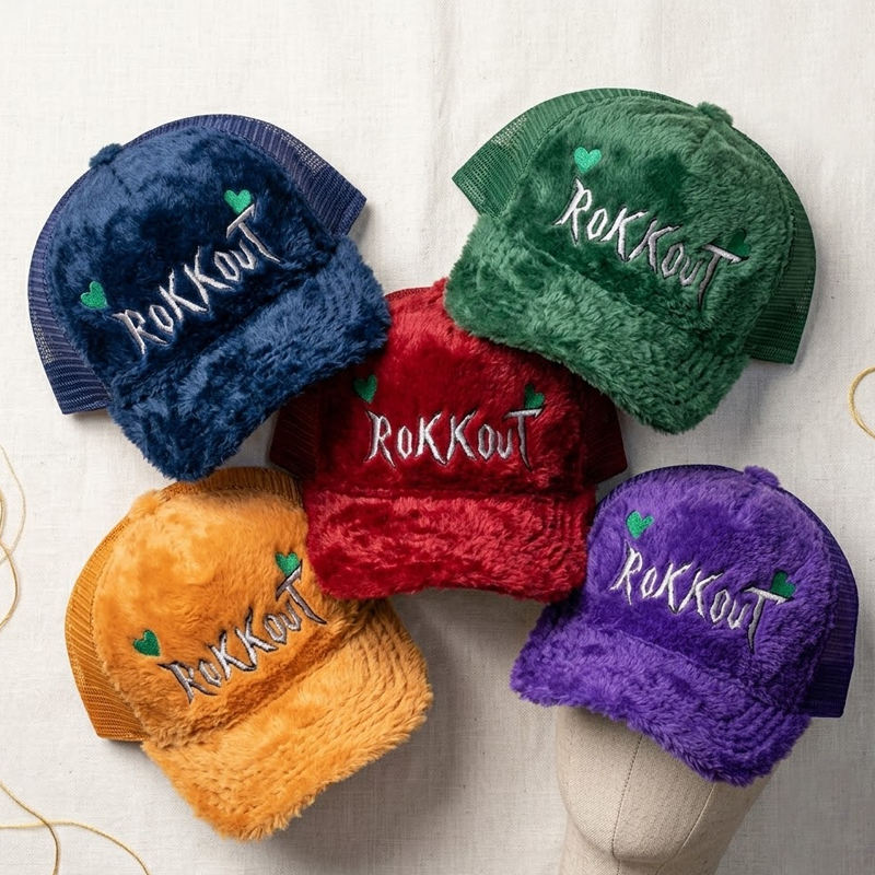 Colorful Plush Velvet Trucker Hat with Embroidered Script Logo, 5 Panel Mesh Back Baseball Cap