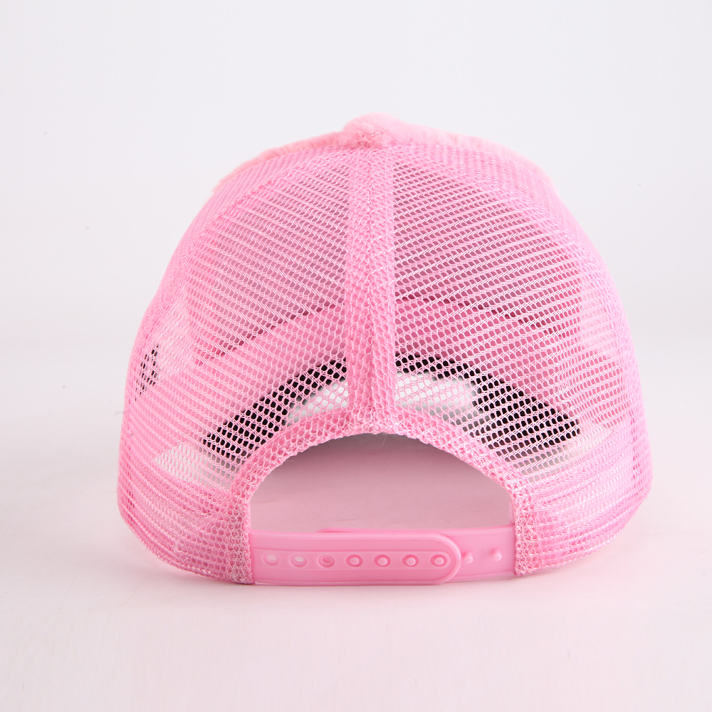 Pink Plush Velvet Five-Panel Mesh Trucker Cap with Curved Brim and Embroidered Heart Graphic