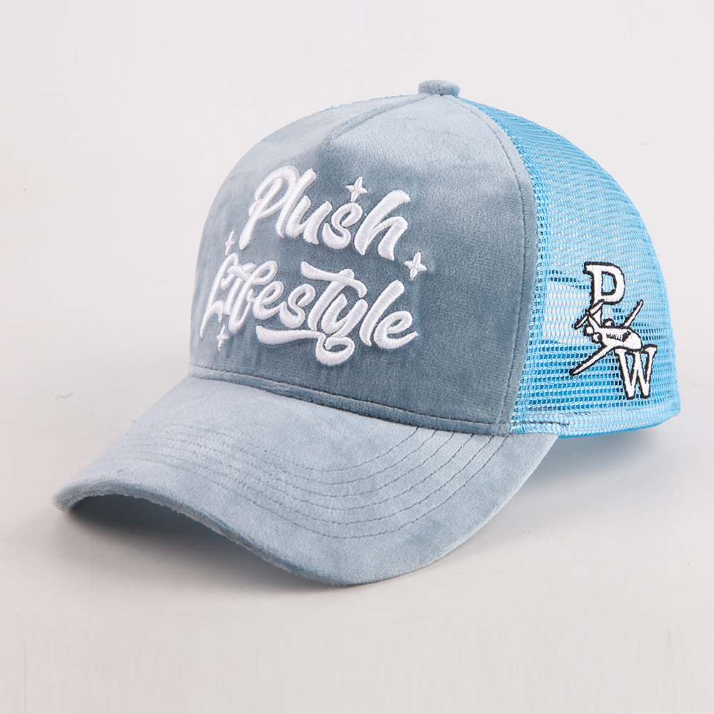 Light Blue Velvet Trucker Hat with Embroidered Script Logo, 5 Panel Mesh Back Baseball Cap