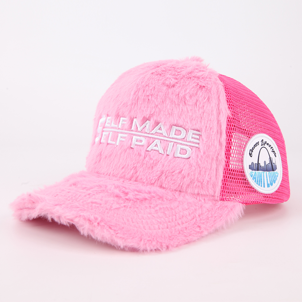 Self Made Self Paid Plush Velvet Mesh Trucker Cap with Embroidered Front Logo and Side Patch – Pink Red Black Blue