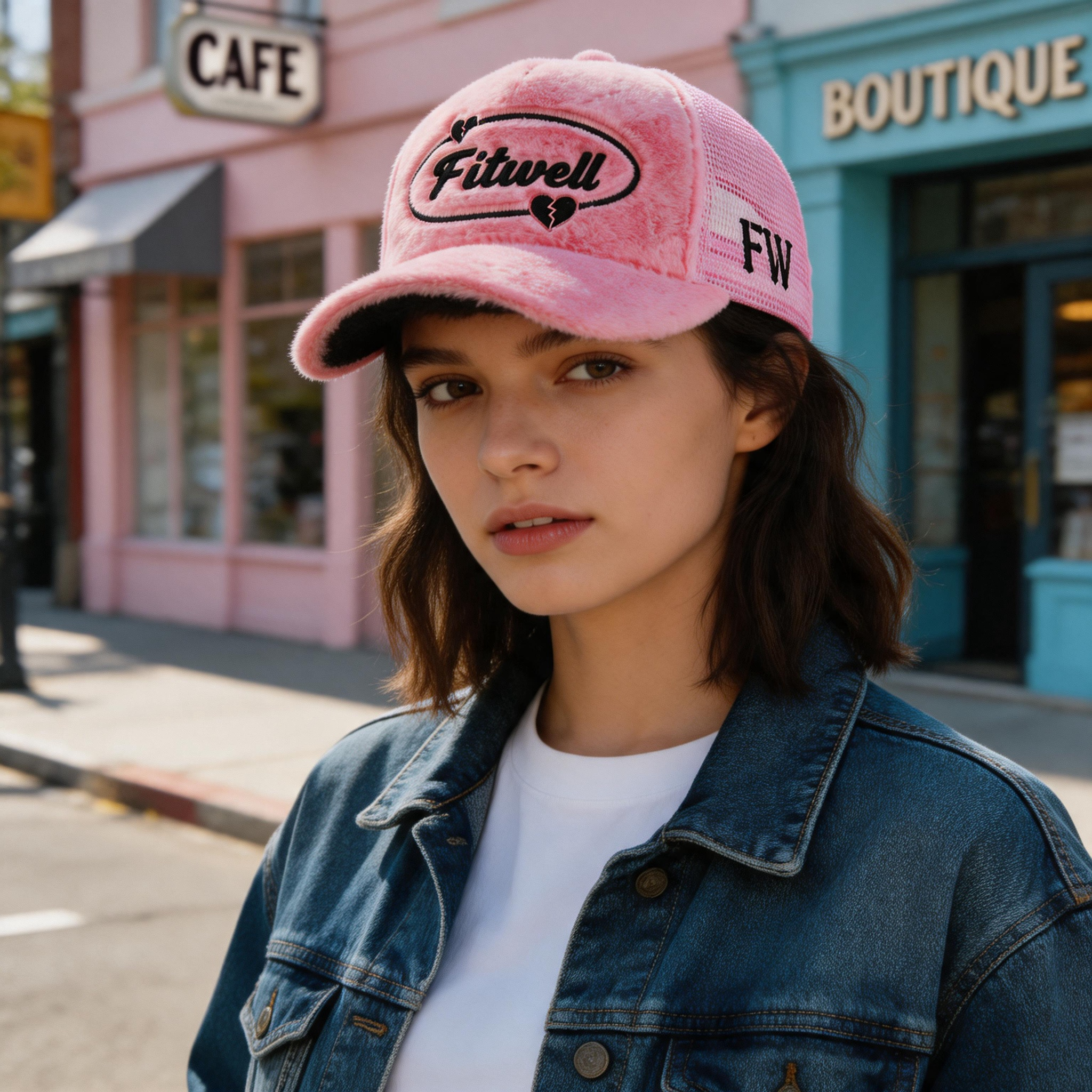 Pink Plush Velvet Five-Panel Mesh Trucker Cap with Curved Brim and Embroidered Heart Graphic
