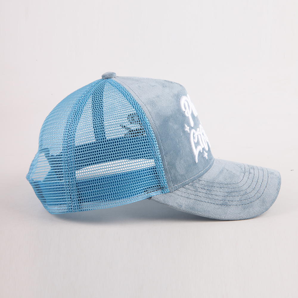Light Blue Velvet Trucker Hat with Embroidered Script Logo, 5 Panel Mesh Back Baseball Cap