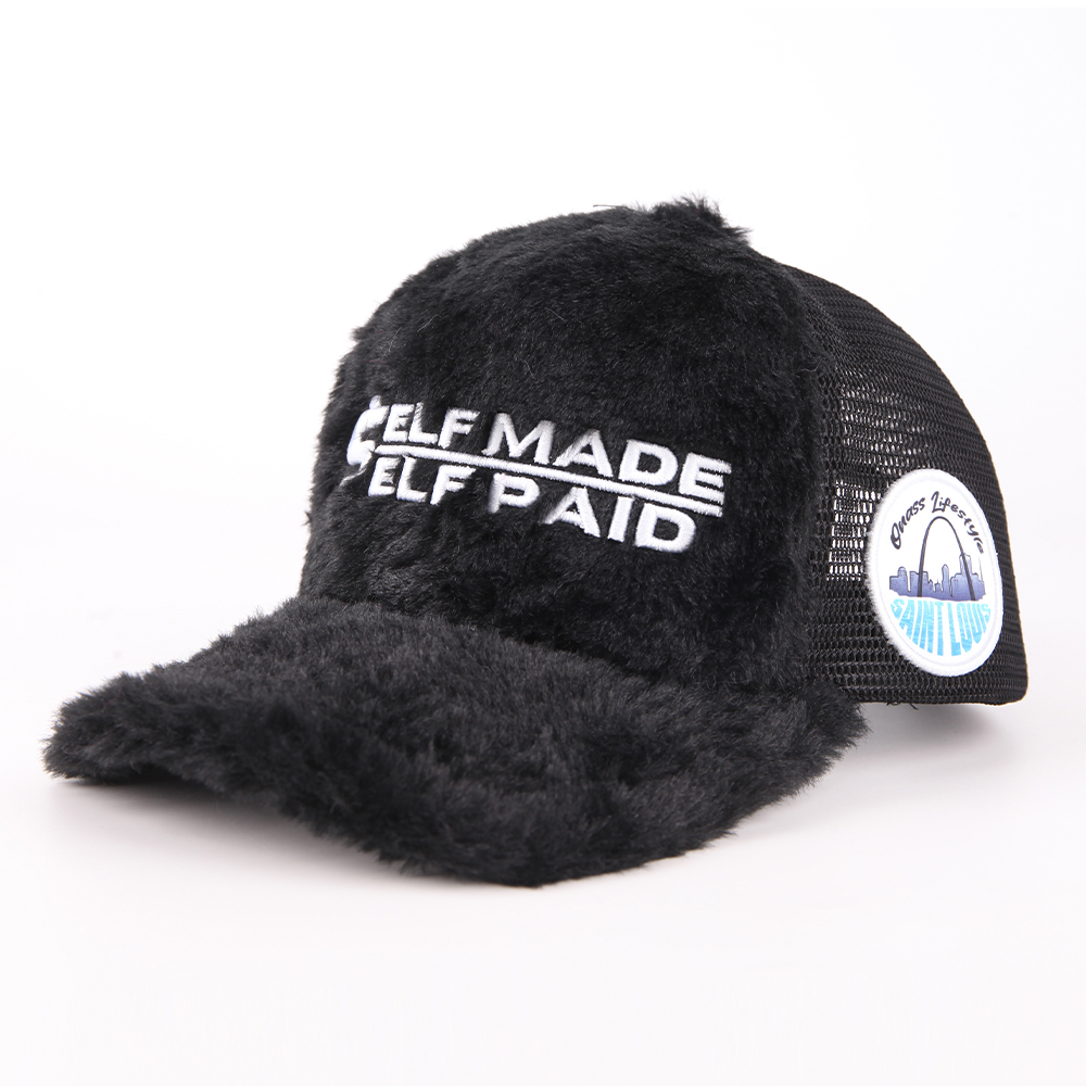 Self Made Self Paid Plush Velvet Mesh Trucker Cap with Embroidered Front Logo and Side Patch – Pink Red Black Blue