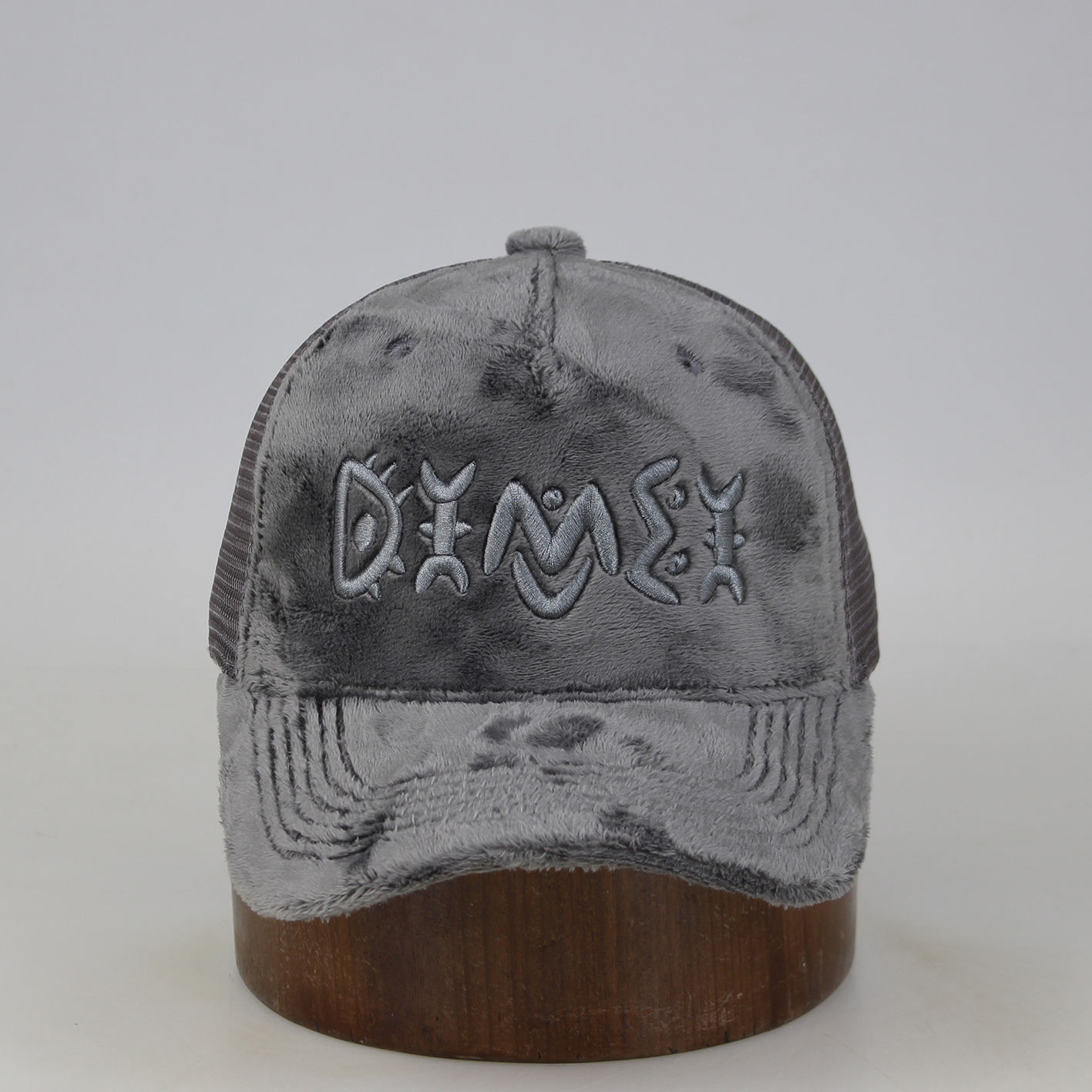 Gray Plush Velvet 5-Panel Mesh Trucker Cap with Tonal Embroidered Front Logo & Curved Brim