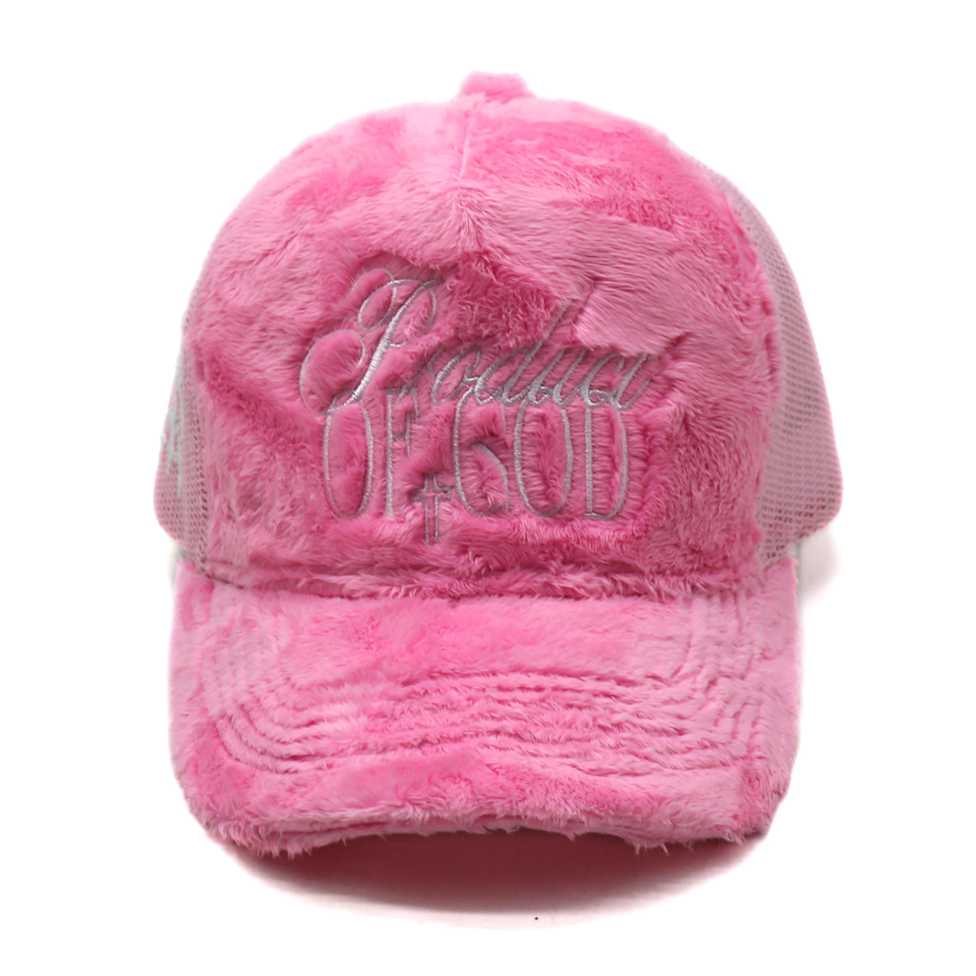 Pink & Blue Plush Velvet Mesh Trucker Caps with Curved Brim, Breathable Back & Embroidered Graphics
