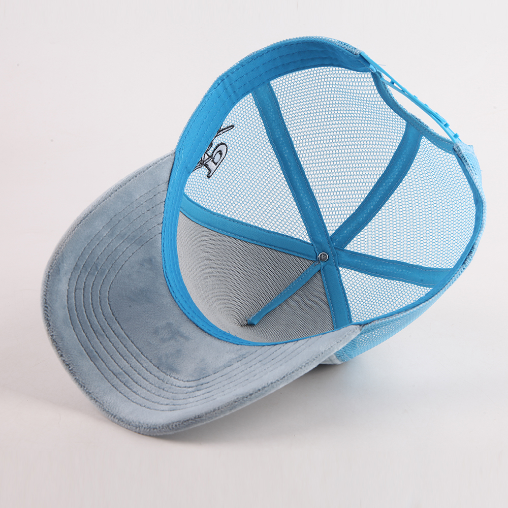 Light Blue Velvet Trucker Hat with Embroidered Script Logo, 5 Panel Mesh Back Baseball Cap