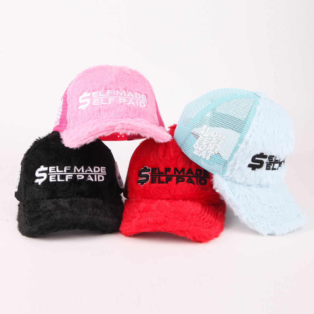 Self Made Self Paid Plush Velvet Mesh Trucker Cap with Embroidered Front Logo and Side Patch – Pink Red Black Blue