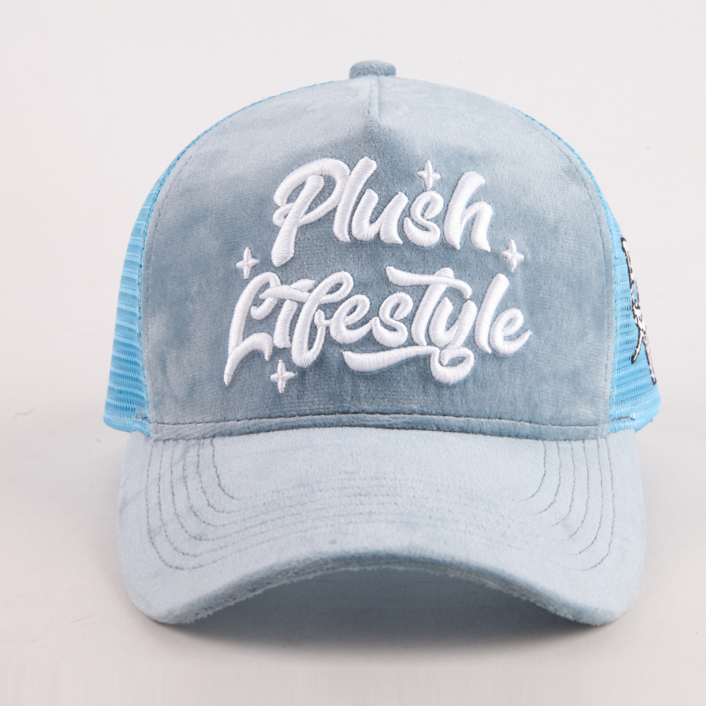 Light Blue Velvet Trucker Hat with Embroidered Script Logo, 5 Panel Mesh Back Baseball Cap