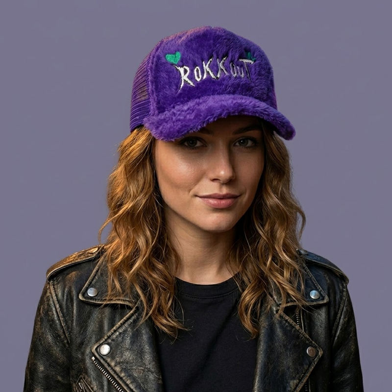 Colorful Plush Velvet Trucker Hat with Embroidered Script Logo, 5 Panel Mesh Back Baseball Cap